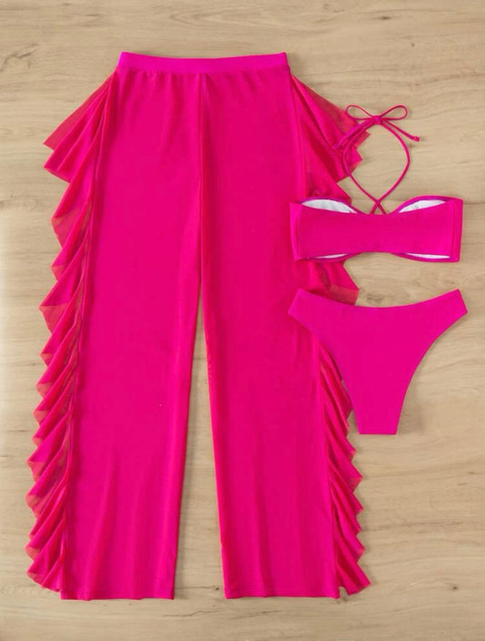 Juego de bikini de tres piezas halter con pantalones Cover up