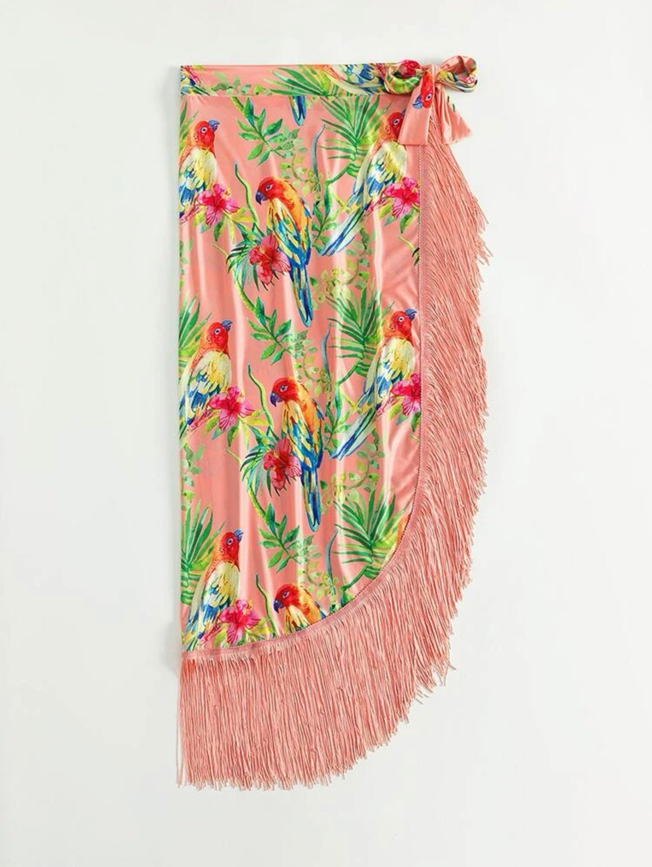 Pareo con estampado de pájaros y flecos