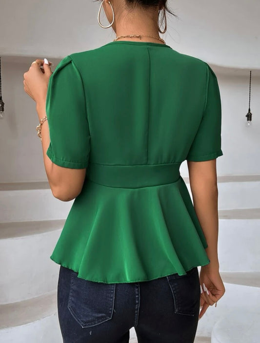 Blusa peplum de manga farol de cuello profundo con nudo delantero