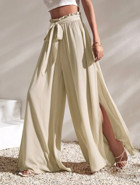 Pantalones de pierna ancha de cintura con volante