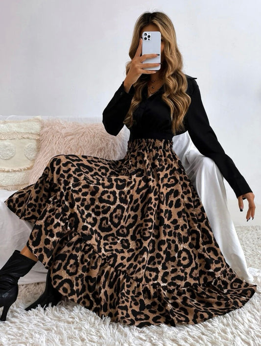 Falda con estampado de leopardo bajo con fruncido