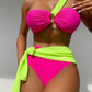 Bikini de color combinado de un hombro con nudo delantero